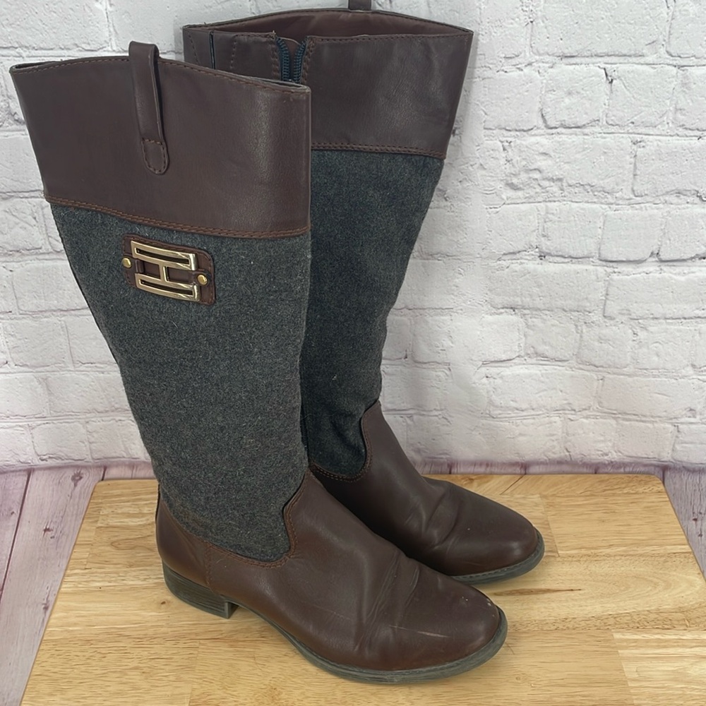 Tommy Hilfiger Tall Riding Boots Valour Vegan Leather Size 6.5 Winter Grey Brown